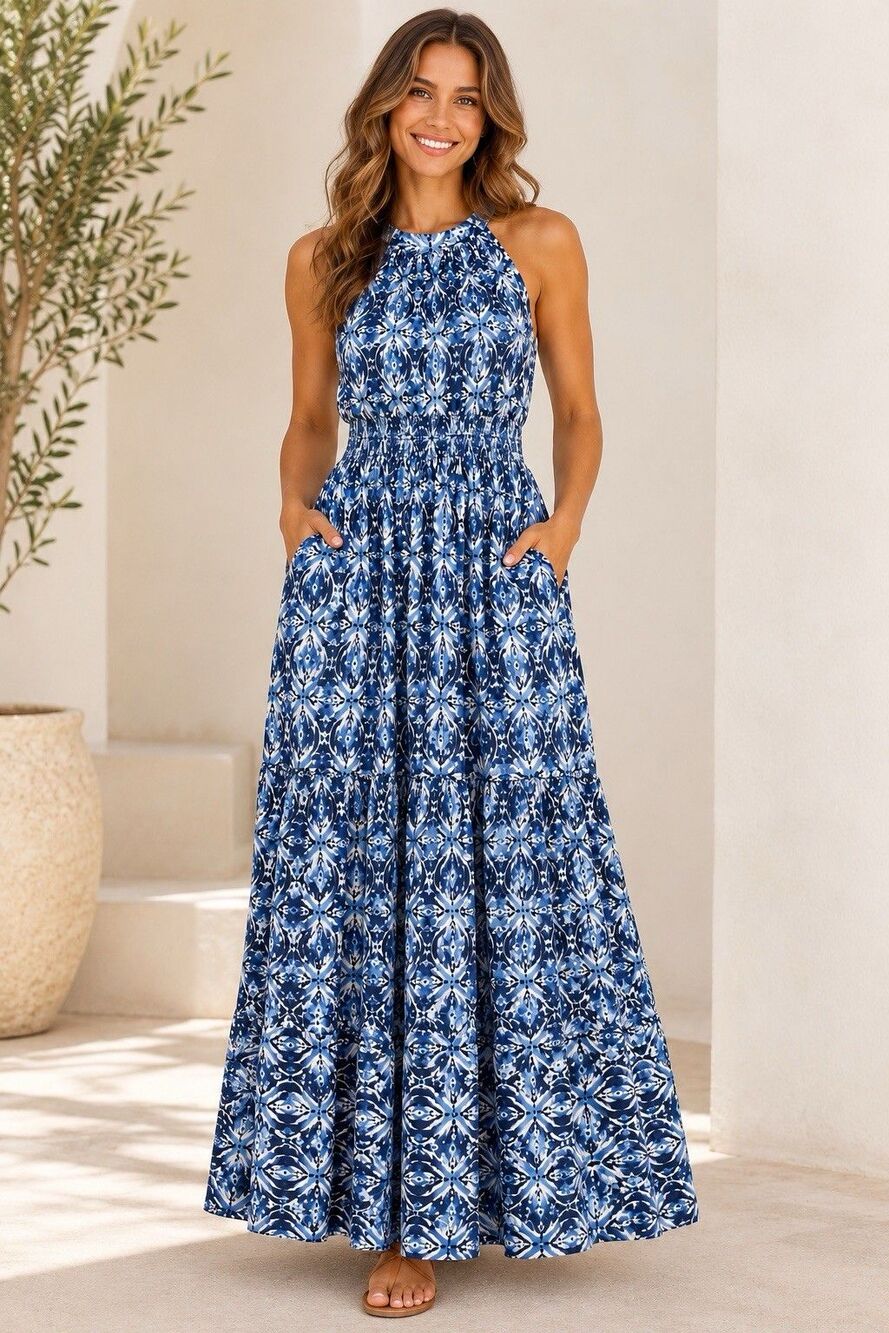 Lilbelle Bahamas Maxi Dress Blue White Geometric Halter Tie Neck Smocked size L